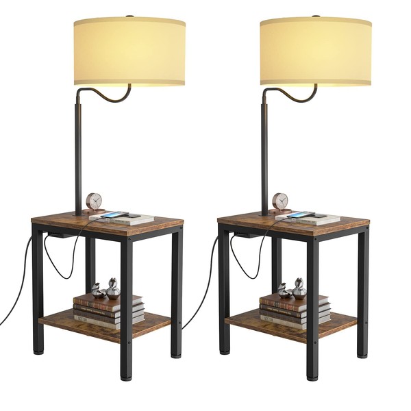 LityMax Floor Lamp with Table - Rustic End Table with USB Charging Port, Power Outlet, Bedside Nightstand Shelf, Side Table with Reading Standing Lights for Living Room, Bedroom, Bulb Included, 2 Pack