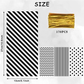 Whaline 160Pcs Christmas Cellophane Treat Bags Black Stripe Wave Dot Candy Cellophane Bag Plastic Goody Bags with Twist Ties for Xmas New Year Birthday Party Favor Supplies Cookie Snack Packing