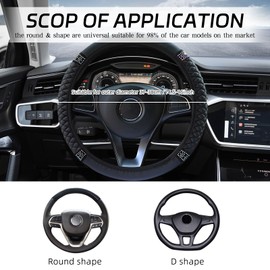 Bling Car Steering Wheel Cover with Rhinestones, Sparkly Crystal Diamond Steering Wheel Cover, Soft Leather Steering Wheel Protector Fit for 37-38cm, Black Anti-slip Auto Elastic Steering Wheel Covers