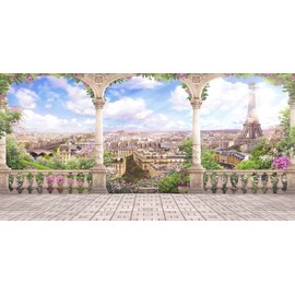 Yeele 20x10ft Dreamlike Paris Eiffel Tower Backdrop Retro Archway Romantic Balcony Purple Flowers Photography Background Overlook French Urban Girls Wedding Birthday Party Banner Lovers Portrait