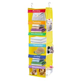 YOCOMEY 6-Shelf Weekly Closet Hanging Organizer for Kids, 7-Grid Days of The Week Baby Kids Clothing Organizer Monday Through Sunday, Foldable Oxford Cloth Closet Clothes Organizer Weekday (Yellow)
