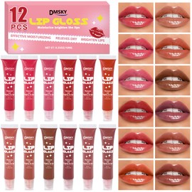 Dmsky 12 Pack Lip Gloss Set, 12 Colors Lip Oil for Dry Cracked Lips, Moisturizing Lip Balm Infused with Vitamin E for a Sheer Tint Of Color