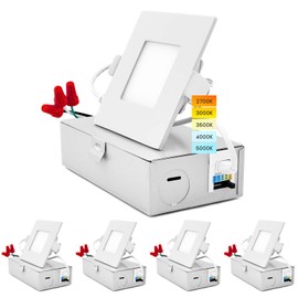 LUXRITE 3 Inch Square Ultra Thin LED Recessed Light with Junction Box, 8W, CCT Color Selectable 2700K | 3000K | 3500K | 4000K | 5000K, Dimmable Wafer Light, 540 Lumens, Energy Star, IC Rated (4 Pack)