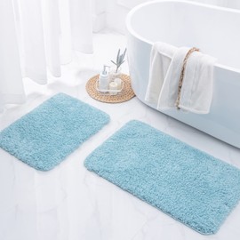 Ashler Bathroom Rugs Set of 2, Blue Bath Rugs 2 Piece, Water Absorbing Bath Mat, Soft Microfiber Rectangle Bathroom Carpet, Machine Washable - 17x24 & 20x32 Inches