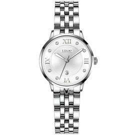 F.ZEGAO Watches for Women Diamond Luxury Dress Women Watches Analog Quartz Waterproof Day Date Stainless Steel Wristwatch, Silver