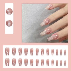 Valentine's Day Press on Nails Medium Square Pink Fake Nails With Stars and Heart Design Matte Full Cover Acrylic False Nails for Women - 24Pcs