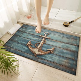 Vintage Nautical Anchor Indoor Door Mat Non-Slip Blue Wood Doormat Washable Decorative Mat Rug for Outdoor Entryway Kitchen Bathroom 17x30 Inch