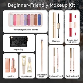 Color Nymph All in One Makeup Kit for Women & Girls, Cosmetics Gift Set with Sequin Shoulder Bag Includes Eyeshadow Palette, Lip Gloss, Lipstick, Liquid Blush, Eyeliner, Eyebrow pencil, Mascara, Brush