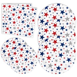 Whaline 72Pcs Patriotic Party Tableware Set Red Blue Star Disposable Dinnerware 48Pcs Paper Plate 24Pcs Napkin for 4th of July Independence Day Party Supplies Table Decor