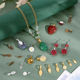 PH PandaHall 180pcs 18 Styles Glue on Bails, Alloy Pendant Bails Leaf Pendant Connector Charm Tag Flat Pad Earring Bails Necklace Chain Bails for DIY Bracelets Jewellery DIY Crafts, Mixed Colours