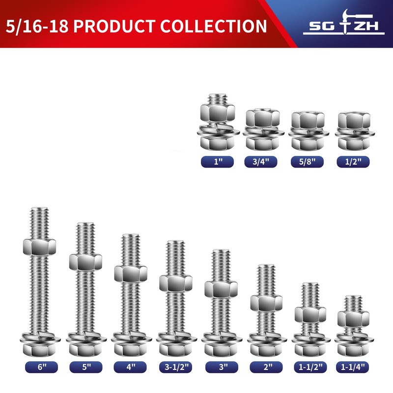 5/16-18 x 4" Hex Head Screw Bolt, Nuts, Flat &