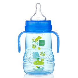 MAM Plastic Trainer Cup (1 Count), Trainer Drinking Cup with Extra-Soft Spout, Spill-Free Nipple, and Non-Slip Handles, for Boys 4+ Months, Eight Ounces, Designs May Vary