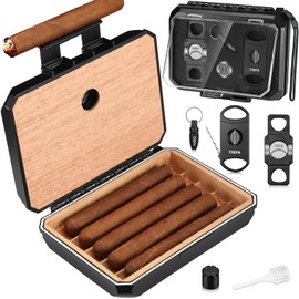 TISFA Cigar Humidor Set Travel Humidor for 5 Cigars Includes 2 Multifunctional Cigar Cutters, Cigar Punch, Cigar Humidifier, Hygrometer, Portable Cedar Wood Lined Cigar Case Cigar Box Gifts (Black)