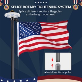 Yescom Bravery 20ft Eagle Topper Sectional Aluminum Flag Pole Kit w/Solar Light for Outside House Inground Residential Commercial with 3x5' US Flag Ball Top Halyard Flag-Raising Rope Sleeve Black