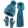 Women Winter Knit Warm Hat Beanie Scarf Gloves Set Pom