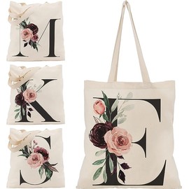 Floral Initial Canvas Bag Gifts for Women - 15"x16" Shoulder Tote Bags for Bridesmaids Hen Party Teacher Gift Shopping Bag C1 (Initial #E)