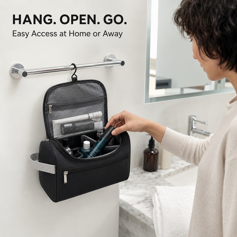 Travel Toiletry Bag with Hanging Hook, Zipper Pockets and Carry