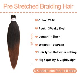 Mscat 16 Inch 3 Packs Pre Stretched Braiding Hair Ombre Brown Pre Stretched Braiding Professional Synthetic Prestretched Crochet Braids Hair Extension Hot Water Setting Yaki Texture (T30#)