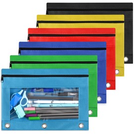 V-Opitos Pencil Pouch for 3 Ring Binder, Bulk 6 Pack 3-Holes Zipper Pencil Pouches in Assorted Colors, Sturdy and Durable Cloth Pencil Case with Clear Window for Office School College Supplies