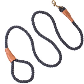 PetTify Dog Leash Braided Cotton Rope with Leather Tailor Handle and Heavy Duty Metal Sturdy Clasp - Strong and Eco-Friendly Lead for Dog Training and Walking (1.5m) (Black)