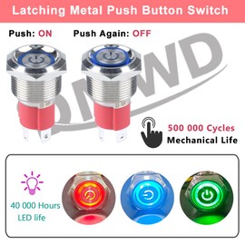 DMWD 19mm Heavy Duty Latching Metal Push Button Switch Waterproof 20Amp 12V-24V ON-Off 1NO 4 Pins with Pre-Wired Socket for 3/4" Mounting Hole with Power Symbol (Silver Shell Blue LED)