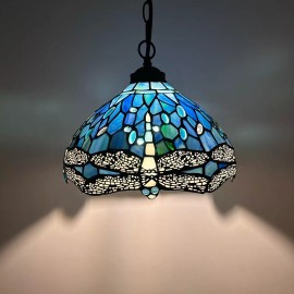ENJOY DECOR LAMPS Tiffany Style Hanging lighting Dragonfly Blue Stained Glass LED Bulb H60"W12"