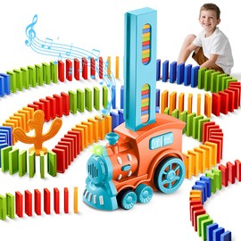 Trenes de Juguetes 200pcs Dominó Niños, Juego de Tren Domino Automático con Luces Sonidos, Apilamiento Creativo Juguetes Educativos de Desarrollar la Creatividad Cumpleaños Fiestas Regalos (Naranja)
