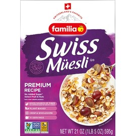 Familia Swiss Muesli Cereal, Premium Recipe with Spelt Flakes, Krispies, Fruit and Nuts, 0g Added Sugar, 21 Ounce (Pack of 3)