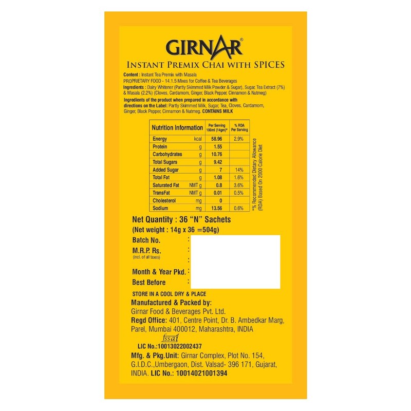 Girnar Tea Masala Chai Spice Instant Premix 504 gms