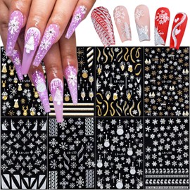 Christmas Nail Art Stickers 3D Self-Adhesive Snowflake Nail Decals Gold Silver Snow Flake Ball Xmas Tree Elk Glitter Design Winter Nail Stickers for Women DIY Holiday Nail Decor Supplies 8 Sheets