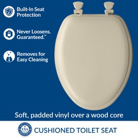 Mayfair Padded Toilet Seat, Cushioned Soft Vinyl over Wood Core Seat, Secure Hinges, Easy Clean, Made in USA, Elongated, Bone