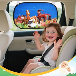 Pack of 2 Sun Protection Car Baby with UV Protection, 51 x 31 cm Car Window Sun Protection Children, 8 Suction Cups, Cute Animal Pattern and Farm Theme
