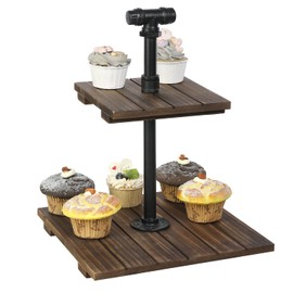 MyGift Rustic Burnt Wood 2-Tier Cupcake Stand with Metal Pipe Pillars and Handles for Desserts, Wedding, Party, Home Decor