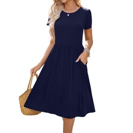 HOTOUCH Women Short Sleeve Casual Dresses Crewneck Solid Color Knee Length Beach Sundress with Pockets Trapeze DressesNavySmall