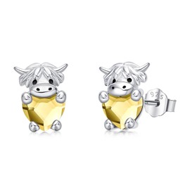 Highland Cow Earrings 925 Sterling Silver Cute Animal Scottish Cow Stud Earrings with November Birthstone Crystal Jewellery Birthday Gifts for Women Girls Daughter