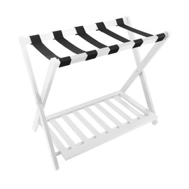 VRFRSX Luggage Racks,Wooden Luggage Rack Stand,Folding Suitcase Stand with 5 Heavy-Duty Straps,Wooden Luggage Holders with Storage Shelf for Bedroom, Hotel,Easy Assemble(White)