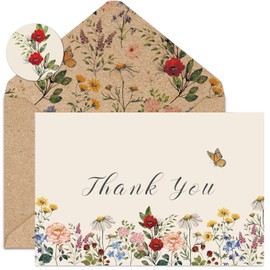 48 Pack Wildflower Thank You Cards Bulk Vintage Flower Greeting Cards with Kraft Envelope Sticker Retro Floral Blank Note Cards for Birthday Wedding Baby Shower Bridal Shower, 4 x 6 Inch (48 Pack Multicolor)