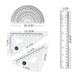 4-piece ruler set, multi-functional, portable, measuring tool, durable and durable, transparent plastic, suitable for students, students, work, examination, painting, and rectangular triangular
