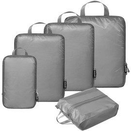 BAGAIL 5 Set/6 Set Ultralight Compression Packing Cubes Travel Accessories Expandable Packing Organizers(Grey 5Set Cloth Pattern)