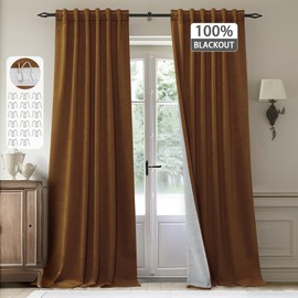 StangH Gold Brown Velvet Blackout 108 inches Long for Fall Decor Heavy Thick Thermal Insulated Hook Belt Back Tab Liner Curtains for Living Room Bedroom, W52 x L108, 2 Panels