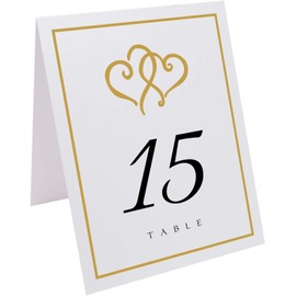 Linked Hearts and Border Wedding Table Numbers (Select Color/Quantity), White, Gold, 1-50, Double Sided, Tent or Use in a Stand, Great for Parties & Restaurants