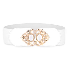 BlackButterfly Stretchy Vintage Wide Waspie Elastic Pearl Buckle Waist Belt (White, L)