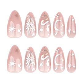 MERVF Almond Press on Nails Medium Fake Nails Nude Glue on Nails Star Sun Moon Snake Print Press ons Acrylic Stiletto False Nails Bohemian Design for Women Glossy 24pcs