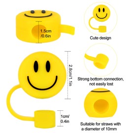 Whaline 6Pcs Smiling Face Straw Covers Yellow Silicone Reusable Straw Topper 0.4 Inch Cute Face Summer Double Sided Pattern Straw Tip Covers for 30 & 40 OZ Tumbler with Handle