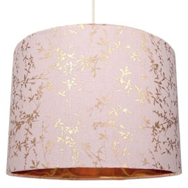 Modern Soft Pink Cotton Fabric 12" Lamp Shade with Gold Foil Floral Decoration Suitable for Table or Ceiling Usage | 30cm Diameter | 60w Maximum by Happy Homewares