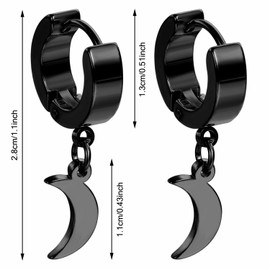 Kawailay 2 Pairs Stainless Steel Moon Huggie Hoop Earrings Moon Hinged Earrings Gothic Moon Earrings Rock Hip Hop Punk Moon Dangle Earrings for Men Women - Silver and Black