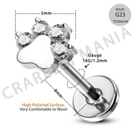 CM Crareesi Mania G23 Titanium Helix Stud Earrings 16G Tragus Lip Stud Cartilage Conch Earrings Flat Back Dog Paw Print Cartilage Piercing Stud Internally Threaded Forward Helix Earrings for Women