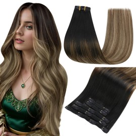 Easyouth Clip in Extensions Human Hair Clip in Hair Extensions Balayage Clip in Extensions Human Hair Black Brown Balayage Caramel Blonde Clip in Hair Extensions Human Hair 16inch 5Pcs/70g