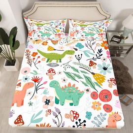 Homewish Fitted Sheets 90 x 190 cm Kids Cute Dinosaur Fitted Sheets Sheets Mushrooms for Girls Boys Jungle Animals Bed Sheets Cute Room Decor