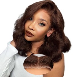 XNJ 18Inch Brown Glueless Wigs Human Hair Pre Plucked Pre Cut 200% Density Short Brown Wig 9x6 Closure Wigs Chocolate Brown Human Hair Wig For Women Wear And Go Body Wave Dark Brown Bob Wig